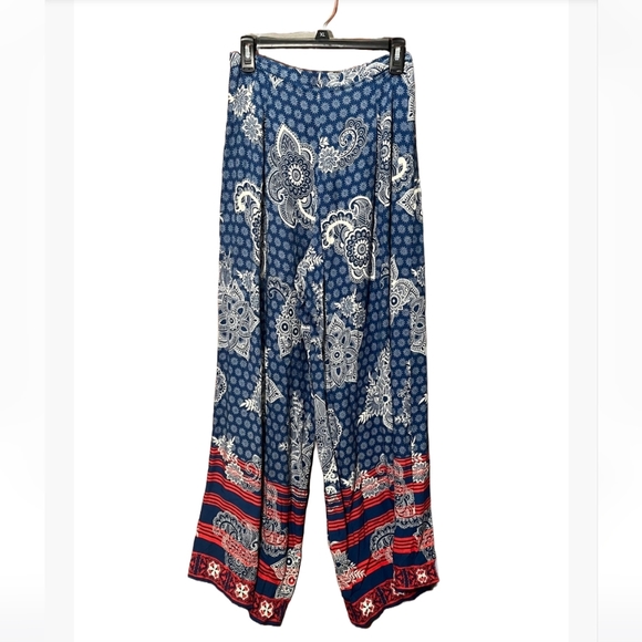 Flying Tomato Womens Wide Leg Boho Pants Medium Blue Red Floral Paisley Pleated - Picture 1 of 3